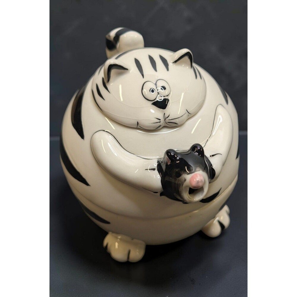 Vintage Pier 1 Fat Cat Tea for One Stacking Teapot Mug Set 3 Pc Whimsical Mouse
